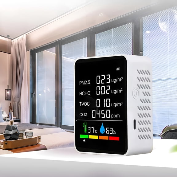GJX 5-in-1 Air Quality Monitor Indoor Detector for CO2 HCHO TVOC Temperature Humidity Rechargeable LCD Display with Alarm Home Office Use