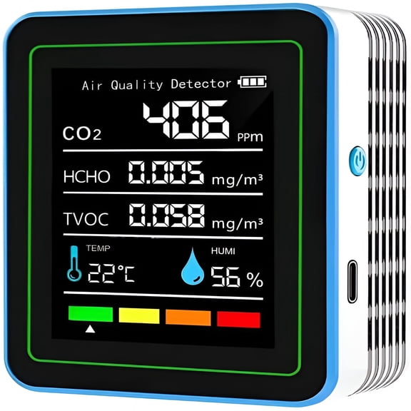 GJX 5-in-1 Air Quality Monitor, Professional Air Quality Detector with CO2 Monitor/Formaldehyde/TVOC/Temperature/Humidity, Suitable for Home, Hotel, Office, Car