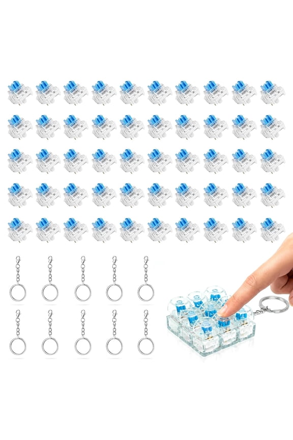 50PCS Keyboard Clicker for 3D Prints, Crisp Clicks, Strong Tactile Bump, Dustproof, 3-Pin Blue Mechanical Keyboard Switches for 3D Printed Clicker Fidget, Extra 10PCS Metal Keychain