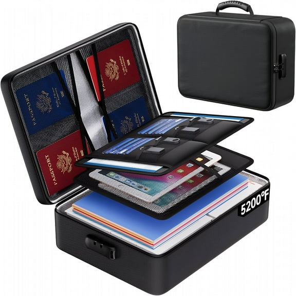 GJX 5200F Fireproof Document Bag with Lock,Upgraded Heat Insulated Fireproof&Waterproof Box 8 Layers Document Organizer,Portable Home Travel Safe Storage for Important Documents,Files,Laptop