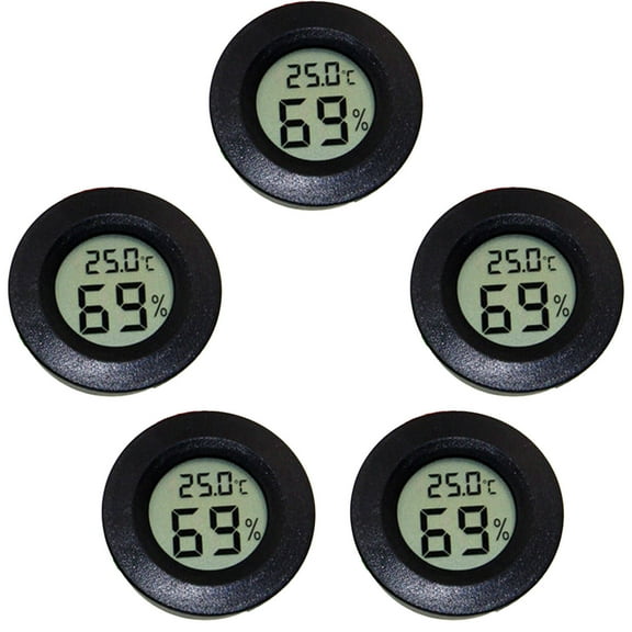 GJX 5Pcs Humidity Meter,Precise Temperature and Humidity Monitoring Hygrometer,Designed for Reptiles Compact Round Shape Room Thermometer Indoor,Black