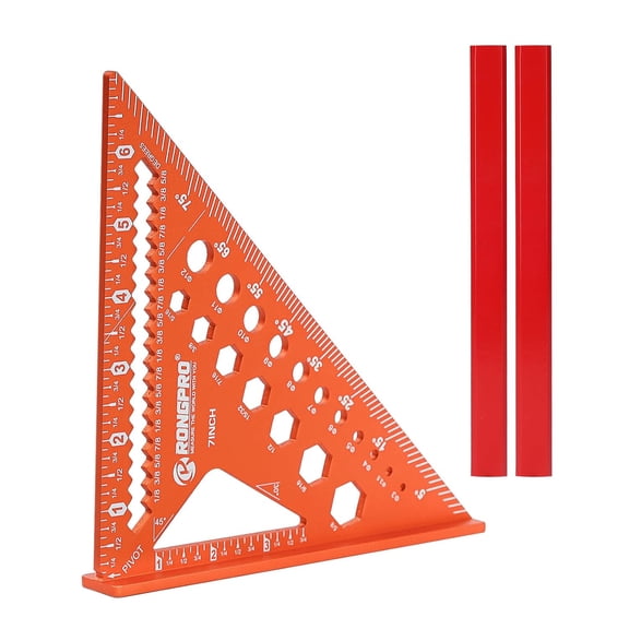 GJX 6-In-1 Carpenter Square 7 Inch,Aluminum Rafter Square,Multi-Purpose Carpenter Tools : Wrench,Square,Protractor,Ruler,Marking Gauge,Drill Gauge,Includes 2Pcs Carpentry Pencil