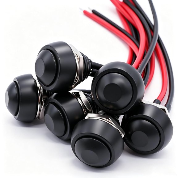 GJX /6Pcs 12Mm Momentary Push Button Switch 1/2" Mounting Hole on Off Mini Round Waterproof Black with Pre-Soldered Wires Reliable Push Button Switch
