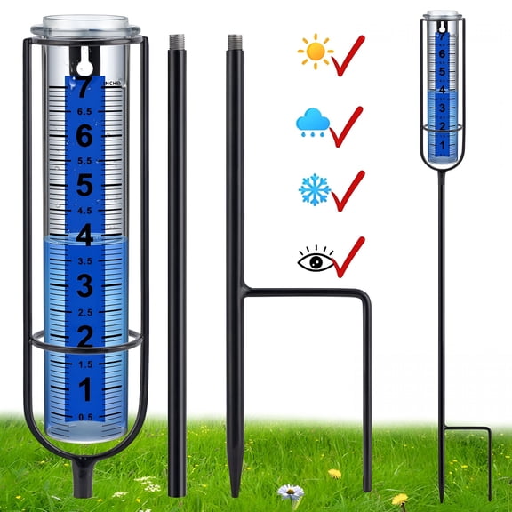 GJX 7 Inch Rain Gauge Outdoor, Freeze-Proof Rainfall Meter with Large Clear Numbers, Adjustable Height Garden Yard Decor, Accurate Weather Measuring Tool for Lawn Patio (Black)