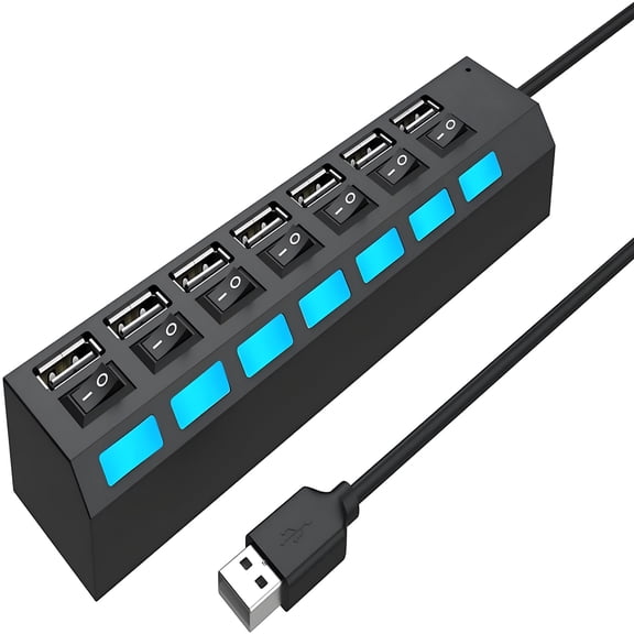 GJX 7-Port USB 3.0 Hub with Individual ON/OFF Switches, USB Splitter