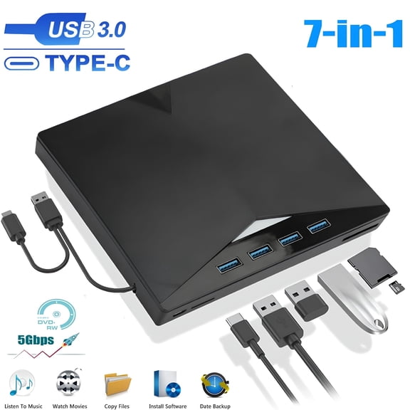 GJX 7-in-1 External CD DVD Drive for Laptop,USB 3.0 USB C Portable CD/DVD ROM +/-RW DVD Player with TF/SD Card Slots,Optical Disk Drive Reader Writer Burner Fit for Laptop Mac PC Windows Linux