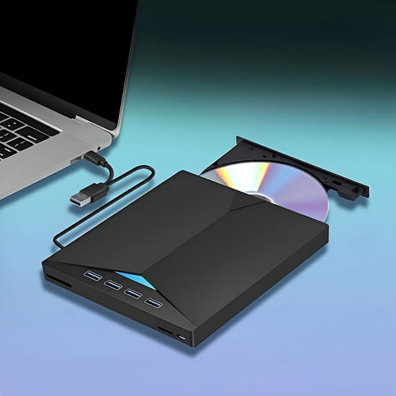 GJX 7-in-1 USB 3.0 External DVD Drive, Portable CD ROM Burner with Dual Ports, Plug and Play Optical Disc Reader for Laptop Desktop, Compatible with Windows 11/10/8/7, Mac OS, Linux