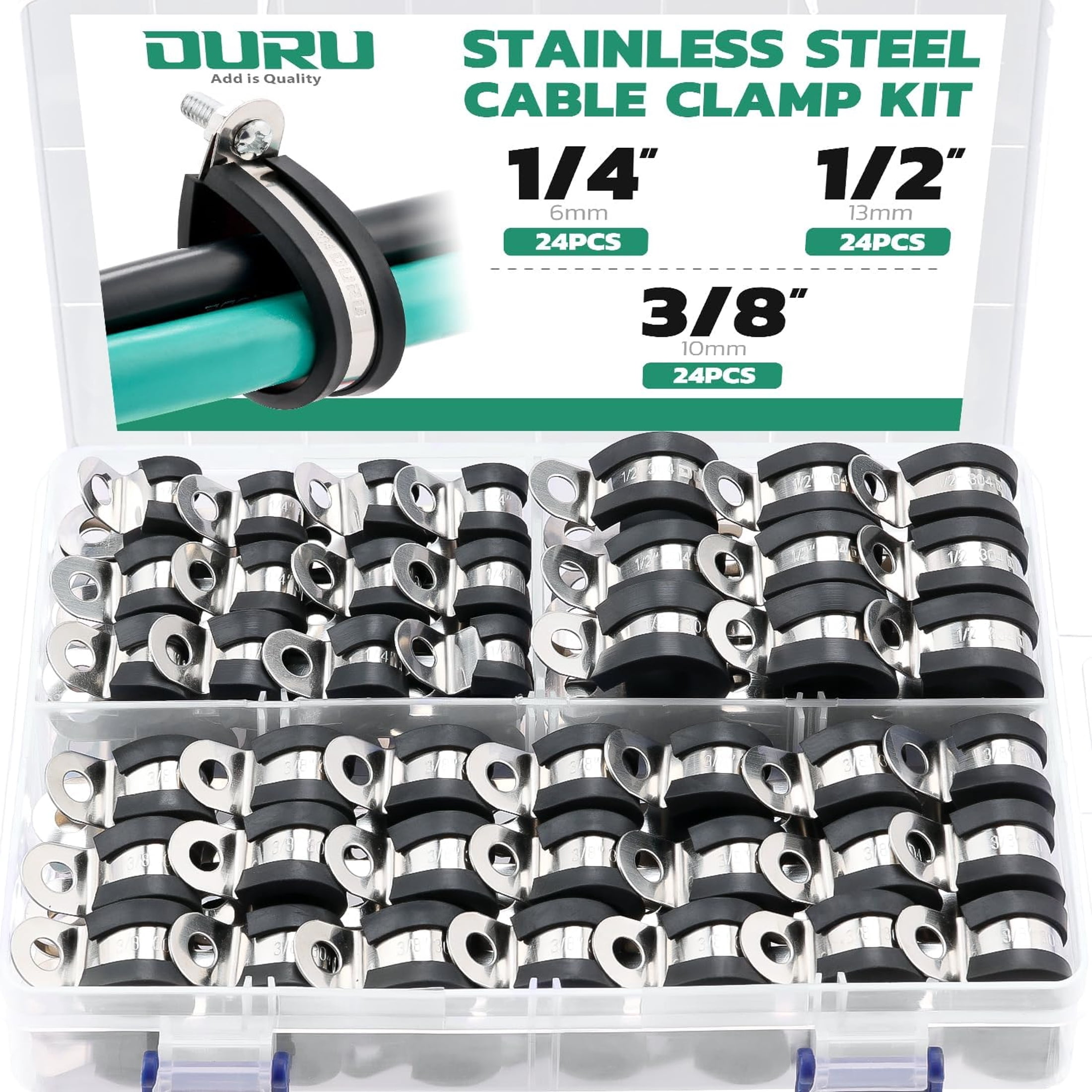 GJX 72Pcs Cable Clamps Assortment Kit,Rubber Coated, 1/4"-1/2" 3 Sizes ...
