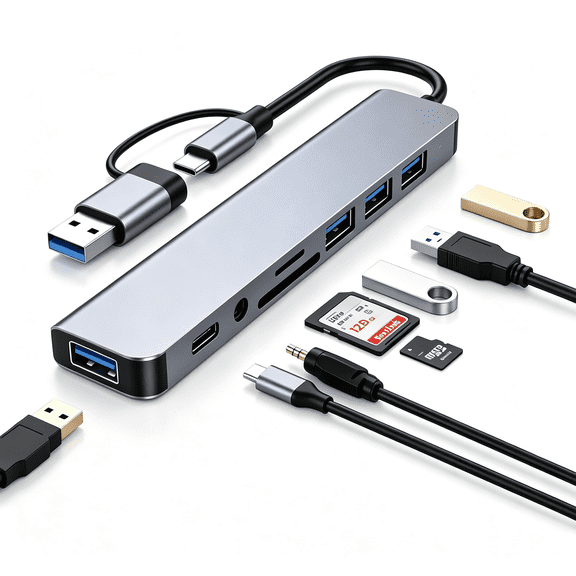 GJX 8-In-1 Usb C Hub with 2-In-1 Usb-A and Usb-C Connector,4 Usb 3.0 Ports,Tf and Sd Dual Card Slots,3.5Mm Audio,High-Speed Data Transfer for Laptop,Macbook,Pc