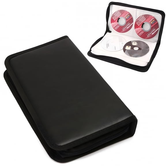 GJX 80-Capacity CD DVD Storage Wallet, Black PU Leather Disc Organizer Case with Zipper Closure for Music, Game, and PC Discs