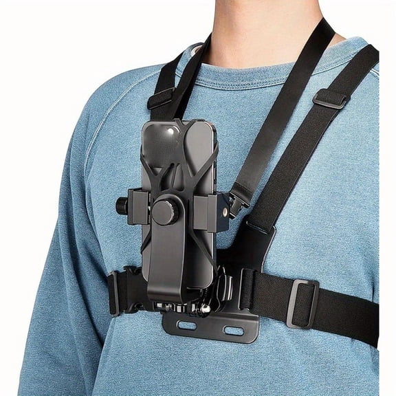 GJX Adjustable Chest Mount Phone Holder Harness - Compatible with Iphone, Insta360, Action Cameras - Black Padded Design for Biking, Kayaking, Fishing, Skateboarding