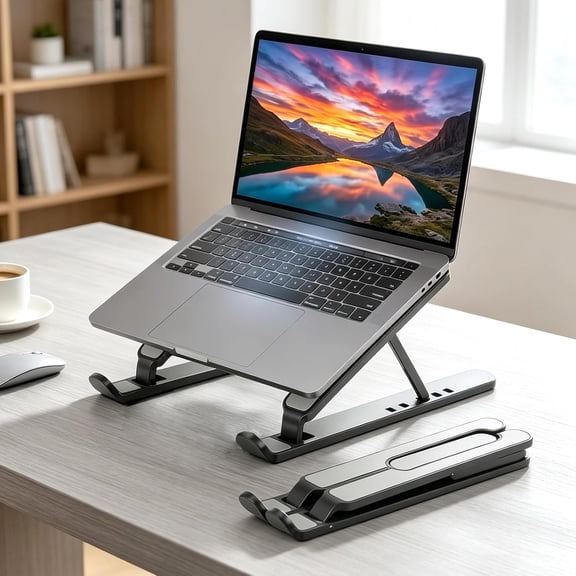 GJX Adjustable Laptop Stand for Desk, Ergonomic Laptop Riser for Desk, Foldable & Portable Computer Stand Compatible with Macbook Air Pro, Dell, Hp, All 10-17.3 Laptops - Black
