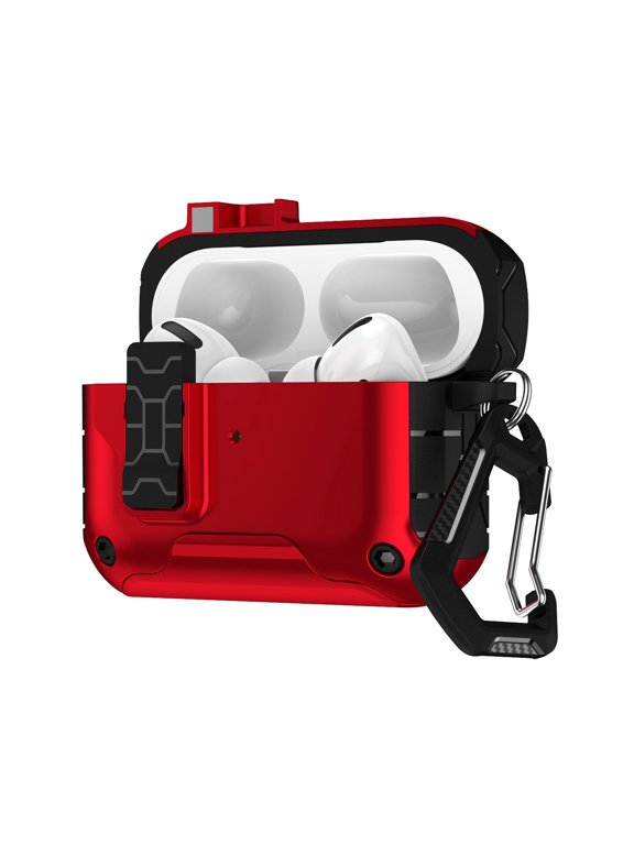 for Airpods Pro 1/2 Case with Stand&Carabiner Keychain,Compatible with Magsafe,[Auto-Mag Lock 1S Open] Mil-Grade Heavy Duty Full-Body Protective with Lock-Red