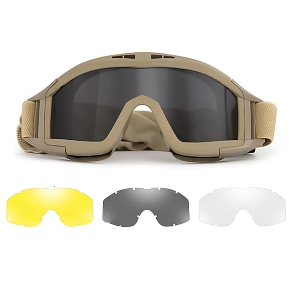 GJX Airsoft Goggles Desert Locust Goggles Anti Fog Safety Glasses Impact Resistant Tactical Eyewear with 3 Interchangeable Lenses for Outdoor Cycling