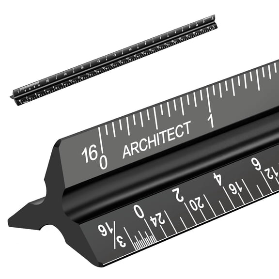 GJX Architectural Scale Ruler, Imperial Measurements 12'', Laser-Etched Aluminum Architect Triangular Ruler Black for Architects, Students, Draftsman, and Engineers by