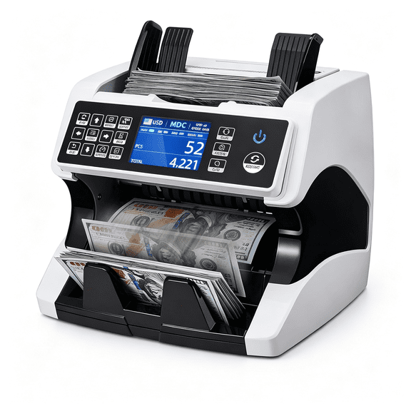 GJX Bank Grade Money Counter Machine Mixed Denomination,2Cis/Uv/Ir/Mg/Mt Counterfeit Detection,Serial Number,Mul Currency Cash Counter,Printer Compatible,2Y Warranty (White)