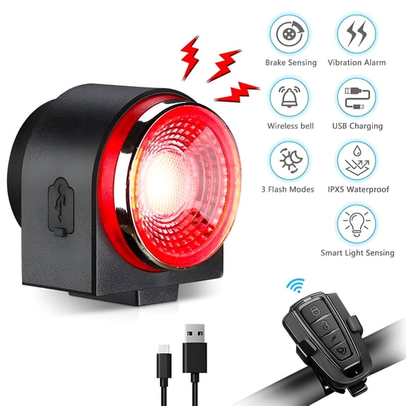 GJX Bike Smart Rear Light with Alarm Lock, Anti-theft Bicycle Alarm Tail Light IPX5 Waterproof Cycling Brake Light