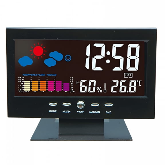 GJX Black Sound-Activated Weather Color Screen Clock,6.06X4.64X1.45in,Temp,Humidity Display,Lcd Backlit Alarm,Snooze,Timer,Date,12/24H,Battery Operated