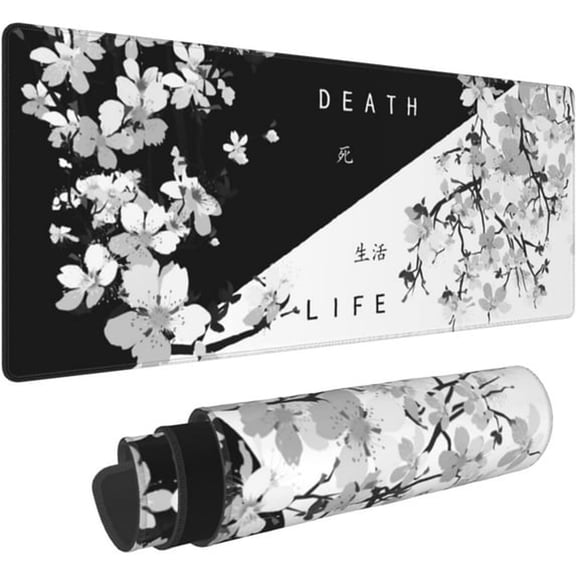 GJX Black White Cherry Blossom Mouse Pad 31.5 X 11.8 Inch Xl Japanese Art Style Sakura Design Extended Gaming Mousepad Large Non-Slip Rubber Base Keyboard Desk Mat with Stitched Edges