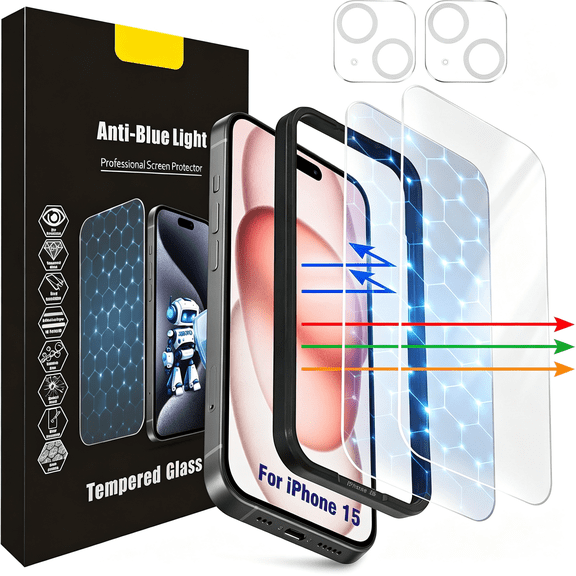GJX Blue Light Screen Protector for Iphone 15 6.1"|2 Pack Colorless Blue Light Blocking Tempered Glass Film,Hd,9H,No Bubbles,Case Friendly with Camera Lens Protector