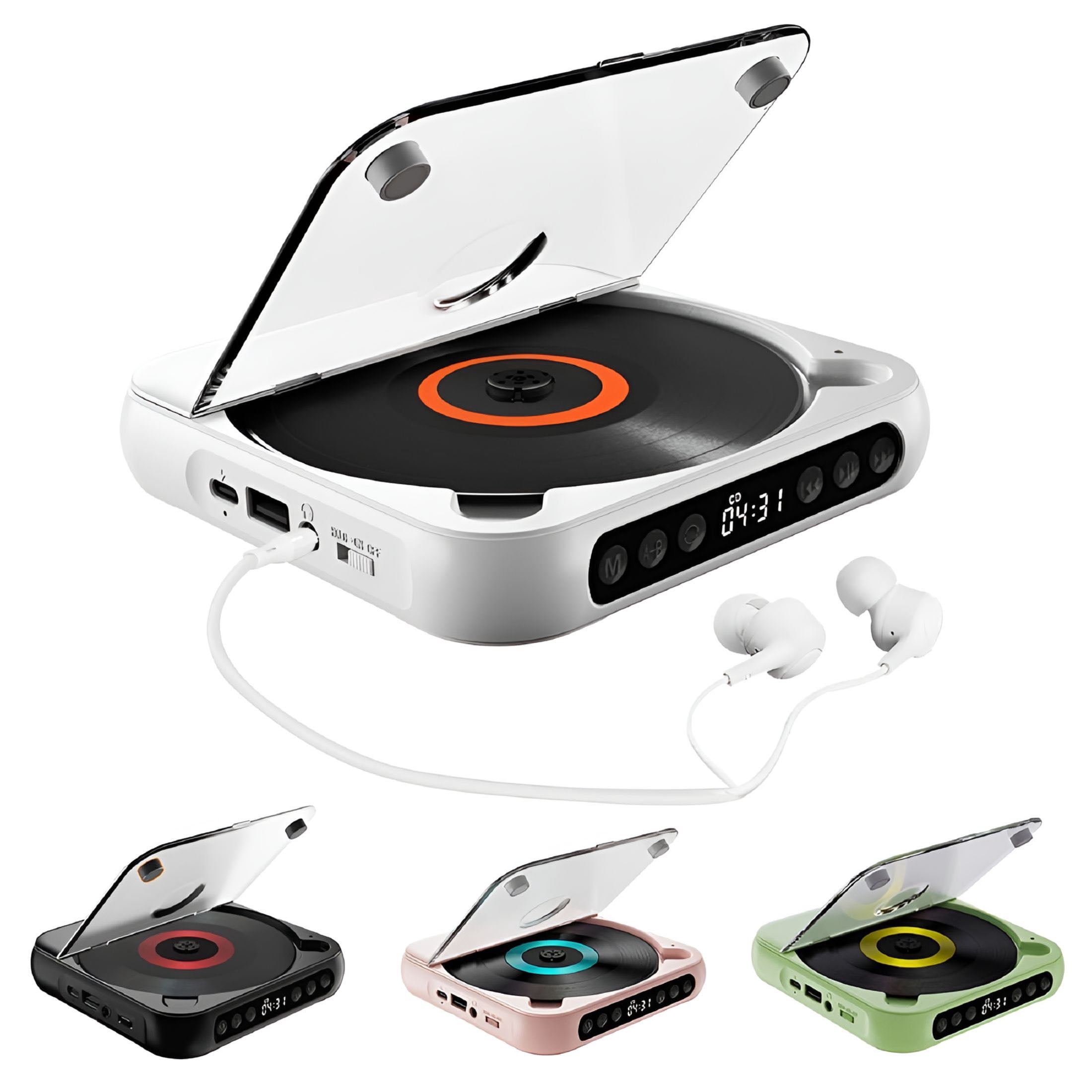 GJX 2026 New Bluetooth Rechargeable Cd Player with Hold Function Led Display Usb Audio Port,2000Mah Personal Mp3 Cd Player for Listening Music Prenatal Education Children Study