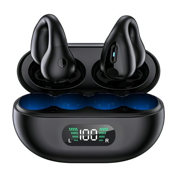 GJX Bone Conduction Headphones,Ear Clip Design Open Ear Headphones,Digital Display Function Running Earbuds,Black