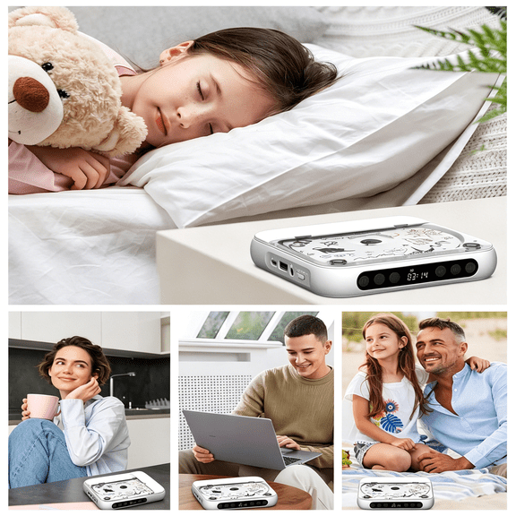 GJX CD Player Portable with Dual Stereo Speakers, Rechargeable Portable Player with Bluetooth for Home with Headphones, Support CD/AUX/USB,White