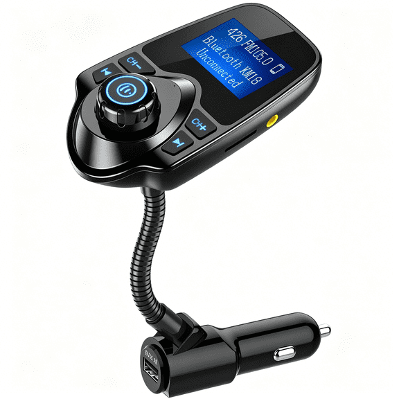 GJX Car Adapter with 1.44" Clear Display & Flexible Gooseneck - FM Radio Transmitter & Receiver for Hands-Free Calls, Wireless Music via BT/FM/AUX/TF, USB Car Charger