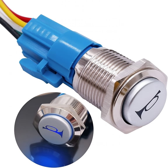 GJX Car Horn Push Button with Blue LED Lighted Momentary Metal Switch for Easy Installation in Wet or Dusty Environments, Not to be Immersed in Water, 16mm Mounting Hole, 12V LED