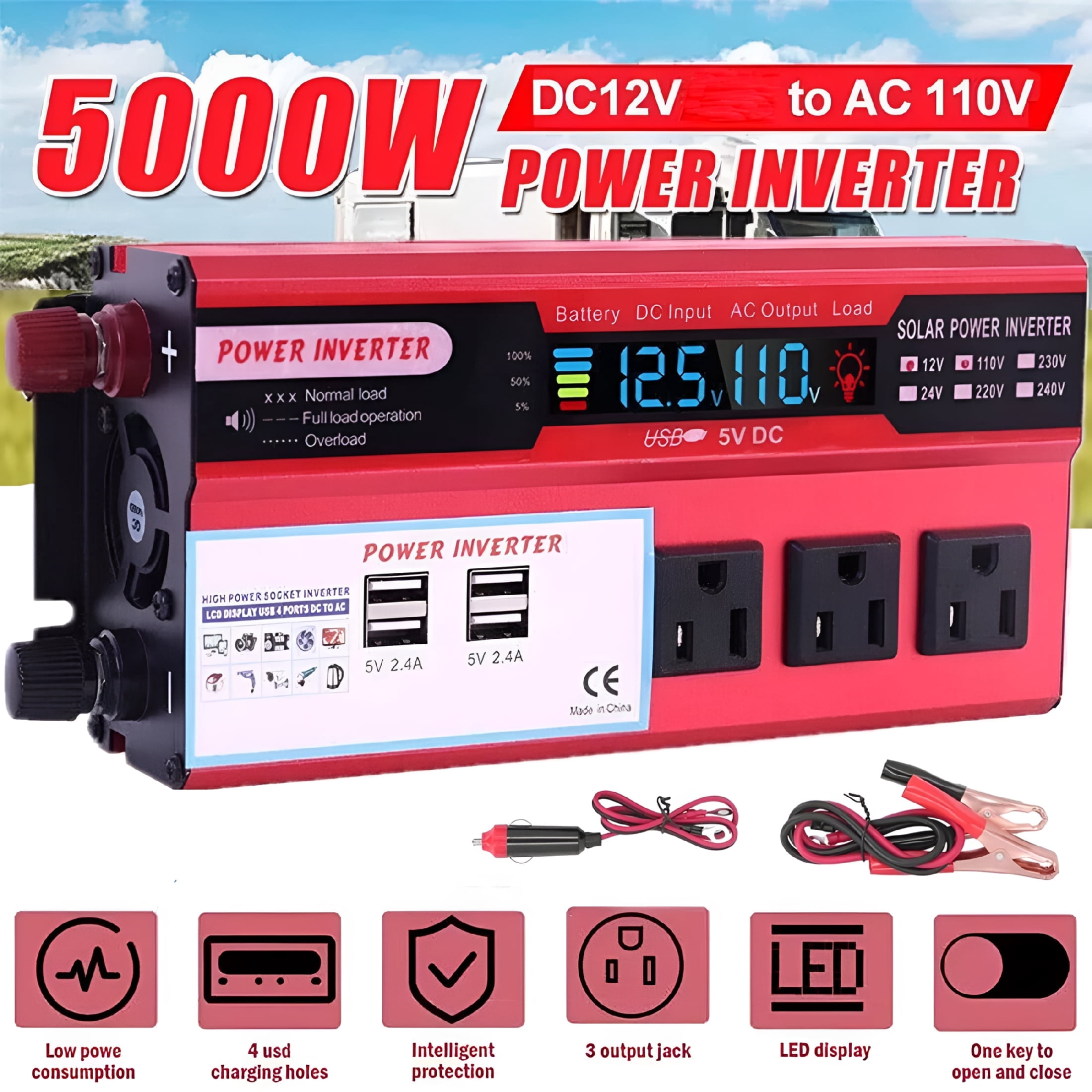 HBMYN Car Power Inverter 5000W DC 12V To AC 110V Pure Sine Wave Solar Converter 4 USB