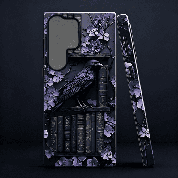 GJX Case for S26 Ultra,Purple Floral Crow Bookshelf Phone Case Drop Resistant Glossy 2 in 1 Solid Dual-Layer Cover for Girl Women S26 Ultra Case Cute