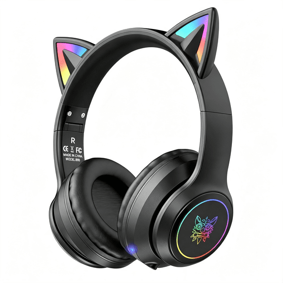 GJX Cat Ear Bluetooth Headphones for Kids & Adults,55H Play Time,Wireless Foldable & Wired Multi-Function Led Light Up over Ear Headphones with Mic and Volume Control for Iphone/Ipad/Laptop/Pc