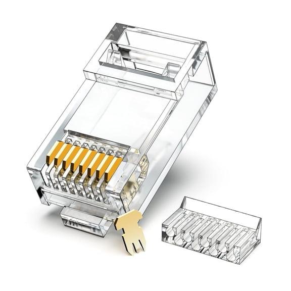 GJX Cat6 Rj45 Connectors,2-Piece Design with Load Bar,100-Pack,Gold Plated 8P8C Modular Plug for Cat6/Cat5E Ethernet Cables,Utp Crimp Connectors for Solid&Stranded Wires,23-26Awg