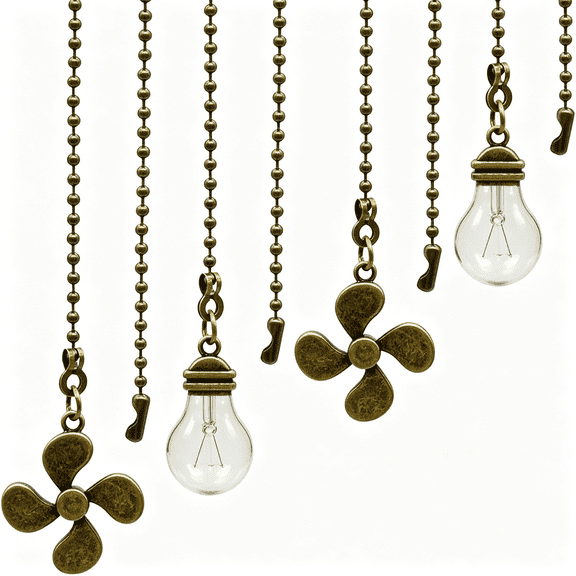 GJX Ceiling Fan Pull Chain Set - 4 Piece Bulb and Fan Pattern Extension Pendant, 12 Inch Extender With Ball Connector (Antique Bronze)
