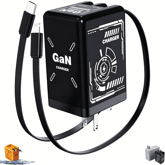 GJX Charger - Super Fast Charging Adapter with Duals Retractable Type-C Cable, Compact Gan Technology for Quick Charge (Black)
