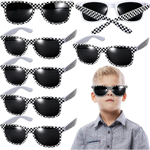 GJX Checkered Sunglasses Bulk for Kid Retro Race Car Party .Cool Black White Racing Glasses for Photo Props,Ift Party Favors for Kids 4-8(7/14/28Pcs)