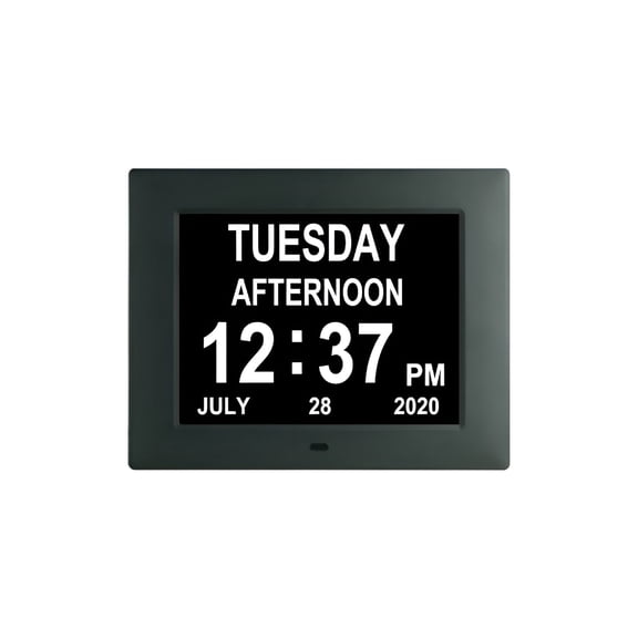 GJX Clock Digital Clock with Extra Large Unabbreviated Day Calendar Day Date Time Clocks for Elderly Visually Impaired Memory Loss + 8 Alarm Reminders - 7" Black