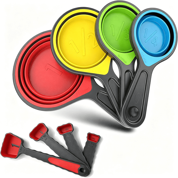 GJX Collapsible Silicone Soft Measuring Cups and Measuring Spoons,8 Pieces Portable Food Grade Silicone Measurement Cup for Liquid & Dry Measuring Baking & Utensils & Travel Measuring Cup