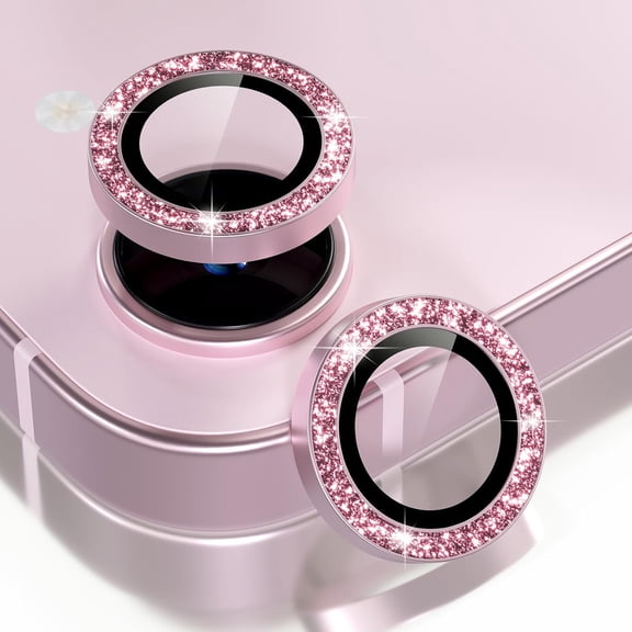 GJX Compatible for Iphone 17E / 16E Camera Lens Protector Bling, 9H Tempered Glass Camera Cover Screen Protector Metal Ring Decoration Accessories (Glitter-Soft Pink)