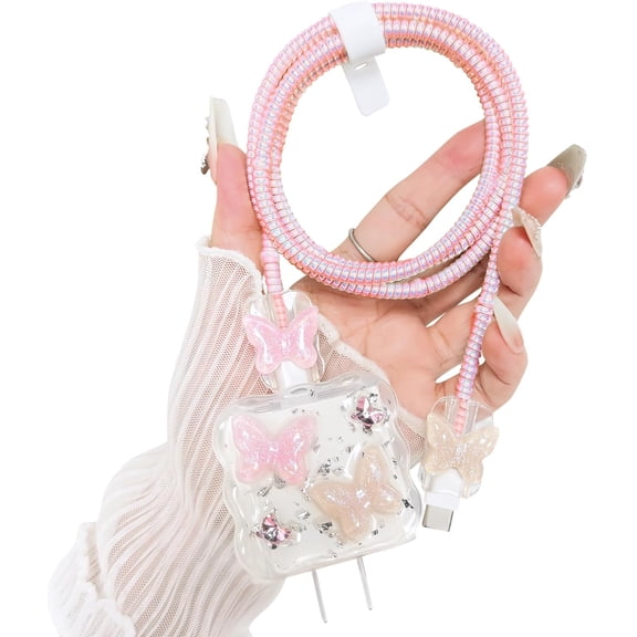 GJX Compatible USB-C Charger Cover Clear Lovely 3D Butterfly Waves Design Soft Charger Protector Cute Cable Case Saver Protector for Girls Women-Pink Butterfly