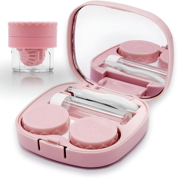 GJX Contact Lens Case with Hygienic Washer, Manual Rotation Cleaning Kit for Color Lenses, Portable Travel Size with Mirror and Solution Bottle, Pink