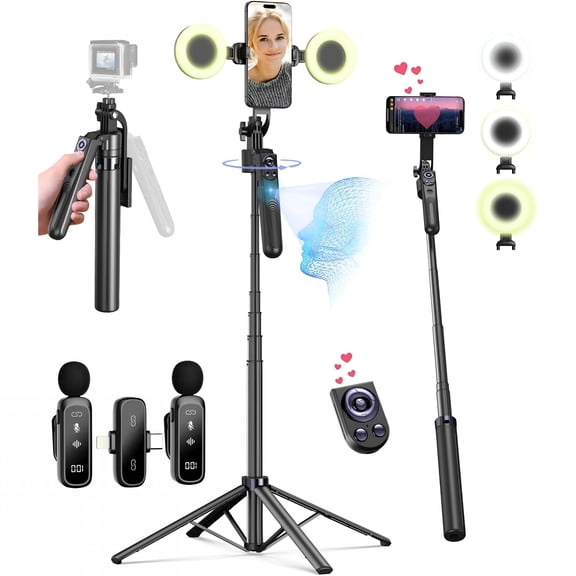 GJX Content Creator Starter Kit,Vlogging Kit for Iphone/Android,70"Auto Face Tracking Tripod 360 Rotation with Light,Wireless Microphones,Selfie Stick Tripod