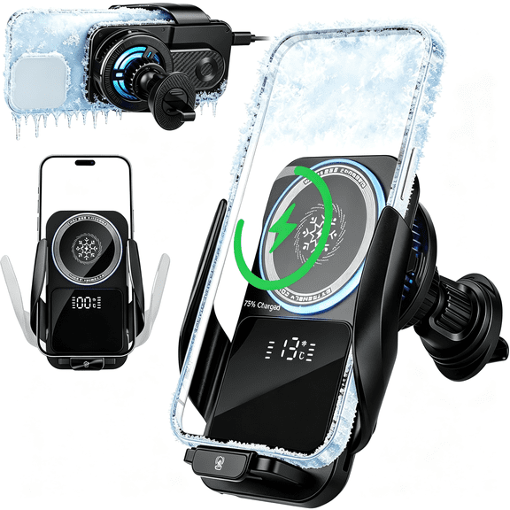 GJX Cooling Car Phone Holder,15W Wireless Car Charger Mount,Smart Sensing Car Vent Phone Stand with Rgb Ambient Light,Auto Clamping Anti-Shake Mount Stands Compatible for Android Smartphones