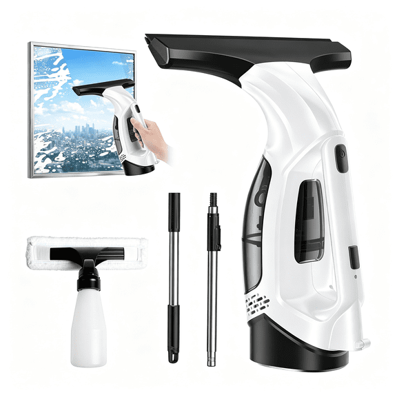 GJX Cordless Window Vacuum Squeegee with Extension Pole,Electric Window Cleaner with Water Collection Tank,Portable Cleaning Kit for Glass Doors,Windows,Mirrors and CarWhite