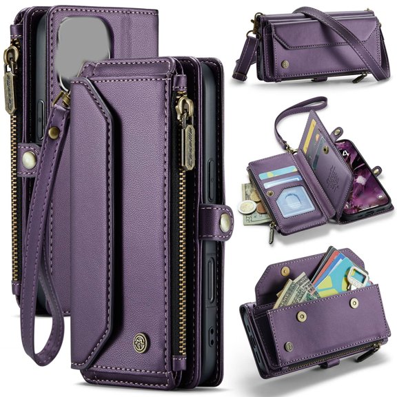 GJX Crossbody for 16 Pro Case WalletRfid BlockingWith 7-Card Holder Zipper Bills Slot,Soft Pu Leather Magnetic Shoulder Wrist Strap for 16 Pro Wallet Case Women
