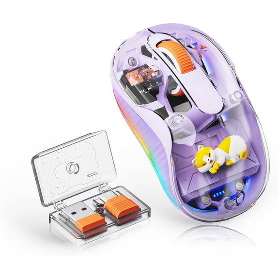 GJX Cute Transparent Mouse, Tri-Mode Wireless, Rechargeable, Purple | Usb-A & Usb-C Receivers | 2.4G & Dual Bluetooth | Cat Figurine | Silent Click | Rgb | for Mac, Ipad, Laptop