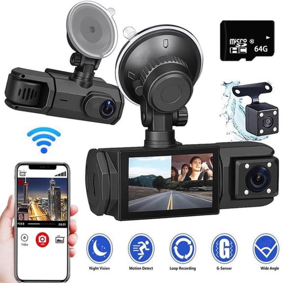 GJX Dash Cam Front and Rear, Triple Camera, 1080P Full Hd Dashcam for Cars Backup Camera, Included 64Gb Card, Built-In Wi-Fi Gps, 2 Ips Screen, Night Vision, 140 Wide Angle, Wdr, 24H Parking Mode