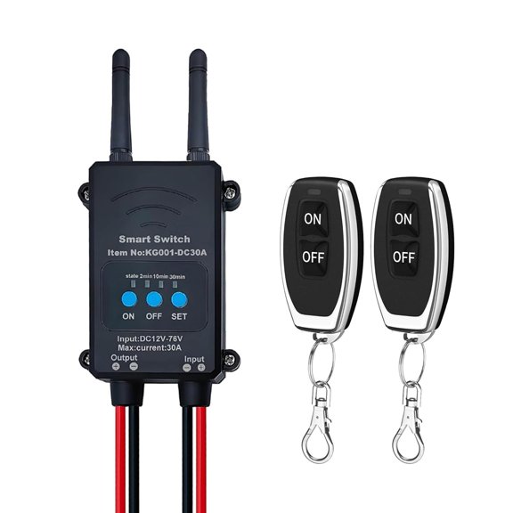 GJX Dc 12V-76V Bluetooth Wireless Remote Control Switch,30A Relay Module with Adjustable Delay Timer (5S/2Min/10Min/30Min),Ip67 Waterproof Remote Control Relay for Gate,Pump,Garage Door (Black)