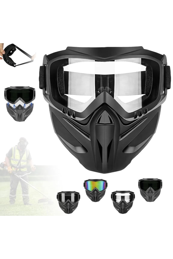 Detachable Full Face Goggle Mask for Grass Cutting & Landscaping, Anti-Fog Impact Resistant Protective Face Shield, Dustproof Weed Eater Mask for Yard Work, Riding & Welding