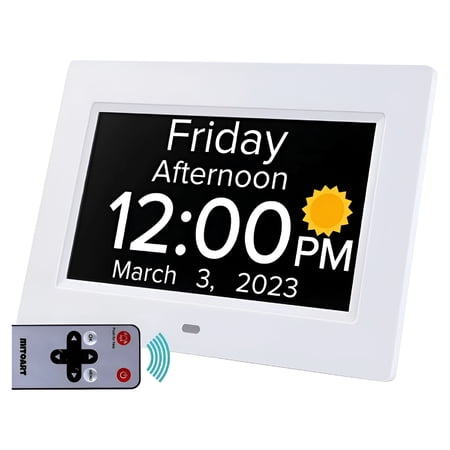 GJX Digital Calendar Day Alarm Clocks for Seniors,7" Dementia Clocks with 8 Alarms,Remote Control,and Push for Help Button,Gifts for Alzheimer,Elderly or Impaired Vision (White)